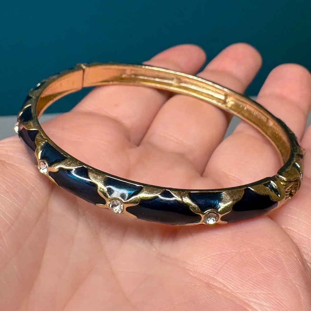 Vintage Gold Tone Blue Enamel Rhinestone Hinged Bangle Bracelet J1355